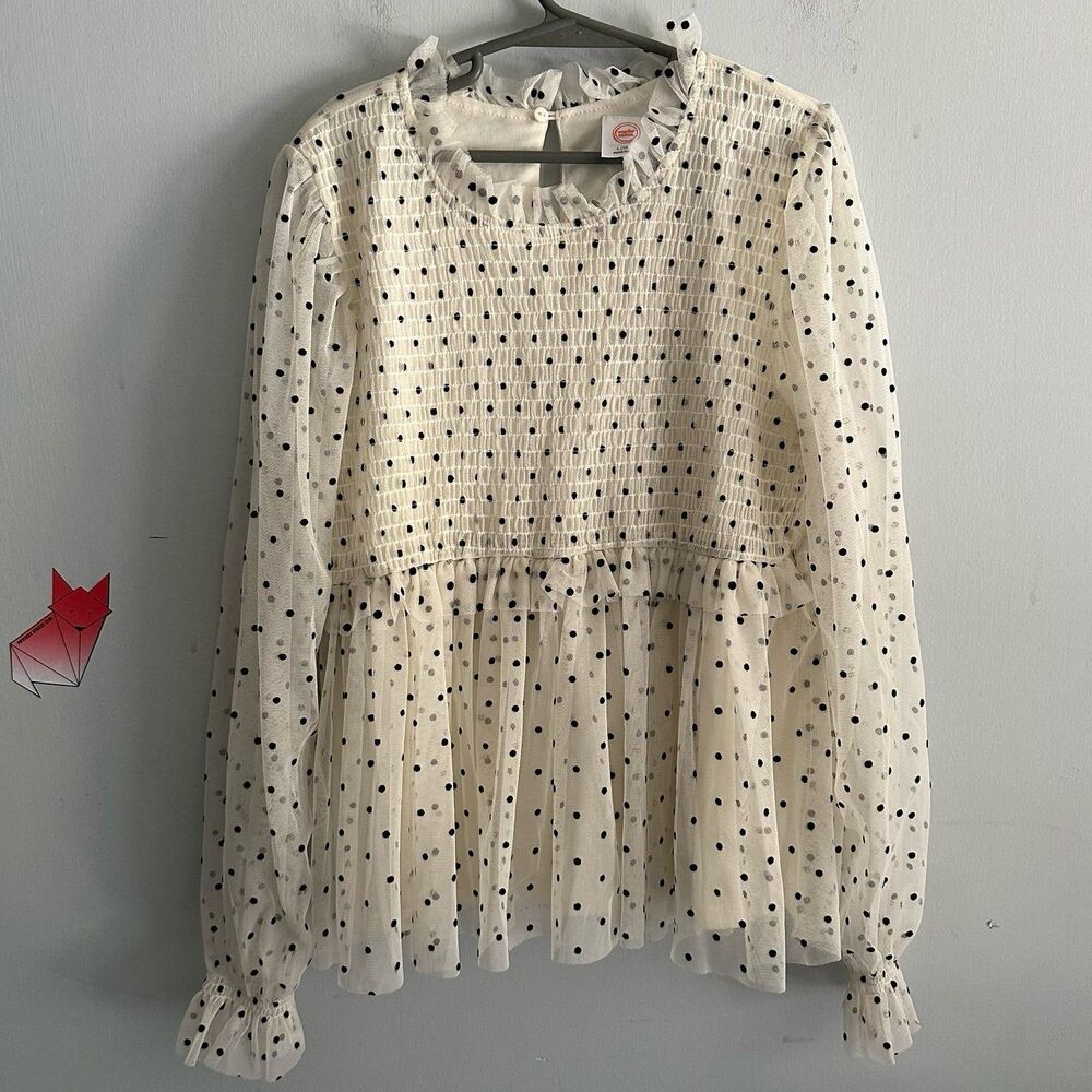 Wonder Nation Long Sleeve Cream Mesh Ruffle Top Black Flocked French Dots Sz 10